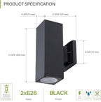 ASD 2 Light Square Outdoor Wall Light Fixture | 120W E26 Bulb Socket 120V ETL Cylinder Up Down Lights | LED/CFL/Incandescent Exterior Bulb Wall Sconce | Front Door, Porch, Patio | Black, 2 Pack