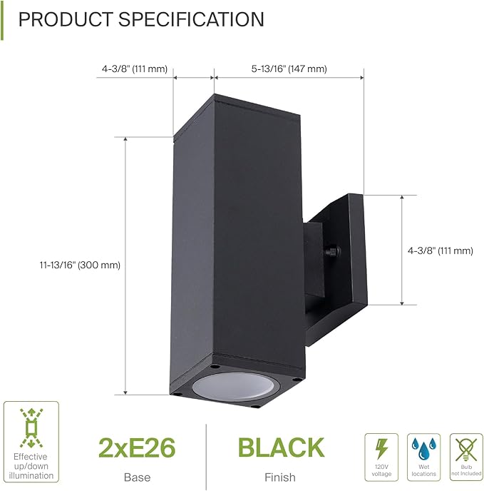 ASD 2 Light Square Outdoor Wall Light Fixture | 120W E26 Bulb Socket 120V ETL Cylinder Up Down Lights | LED/CFL/Incandescent Exterior Bulb Wall Sconce | Front Door, Porch, Patio | Black