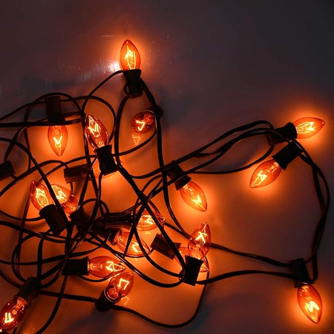 Abeja 25 Pack C7 Orange Christmas Replacement Bulbs, 5w, Ceramic Transparent Vintage Light Bulbs, Fits E12 Candelabra Base Outdoor String Lights, for Holiday Christmas Tree Decor Carnival Party