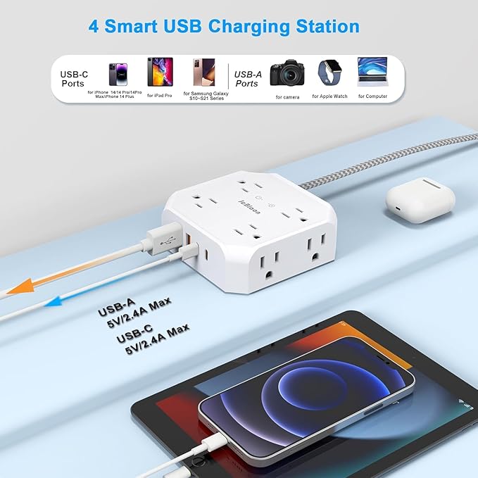 Surge Protector Flat Plug Power Strip, 10Ft Extension Cord with Multiple Outlets, 8 Outlet Splitter with 4 USB(2 USB C) Ports, Desk Charging Station for Home, Office, College, Dorm Room Essentials