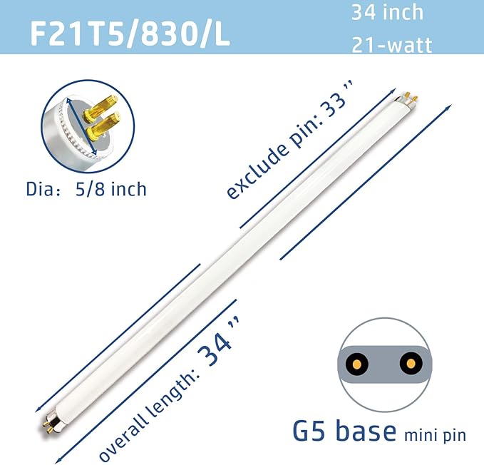 (6pack 34inch F21T5/830 Fluorescent Light Bulb, 21Watt Warm White T5 Linear Tube, 34'' F21W/T5 3000K Soft White Lighting, 20000Hour Longevity Performance