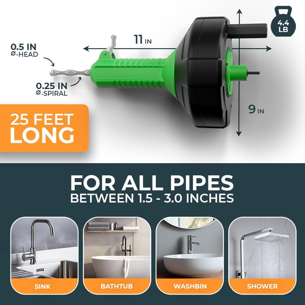 drain snake [25 FT] - Auto Feed - Ideal plumbing snake for sink and drain unblocking - Solid drain auger for real DYIs!