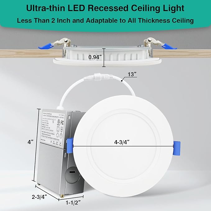 HiBay 12 Pack Canless LED Recessed Ceiling Lights 4 Inch, 1200LM 12W=150W, 4000K Wafer Downlights, Dimmable Ultra-Thin Recessed Lighting Fixtures - ETL and Energy Star Certified