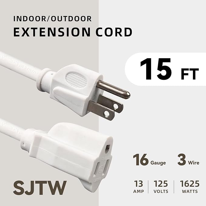 15ft Outdoor Extension Cord - 16/3 Heavy Duty SJTW Waterproof White Electrical Cable with 3 Prong Grounded Plug for Safety, Great for Lawn and Major Appliances