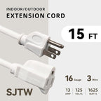 15ft Outdoor Extension Cord - 16/3 Heavy Duty SJTW Waterproof White Electrical Cable with 3 Prong Grounded Plug for Safety, Great for Lawn and Major Appliances