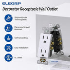ELEGRP Decorator Receptacle, 15A 125V Standard Electrical Wall Outlet, 2 Pole 3 Wire, No-Tamper Resistant, NEMA 5-15R, Self-Grounding Residential Grade Outlet, UL (Glossy White, 20 Pack)