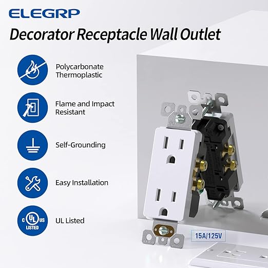 ELEGRP Decorator Receptacle, 15A 125V Standard Electrical Wall Outlet, 2 Pole 3 Wire, No-Tamper Resistant, NEMA 5-15R, Self-Grounding Residential Grade Outlet, UL (Glossy White, 50 Pack)