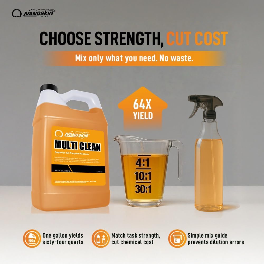 Nanoskin MULTI CLEAN All Purpose Concentrated Cleaner 1 Gallon – Removes Dirt, Grease & Stains on Counters, Carpet, Floors, Fabric, Equipment & Vehicles | Use with Sprayers, Scrubbers, Washers & More