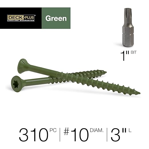 Deck Plus 3 Inch Epoxy Coated Exterior Wood and Fence Screws #10 x 3 Torx/Star Drive Included Coarse Thread, Outdoor Rust Resistant Decking Screw, Green, 5 lb Box, 310 Pieces | 48405