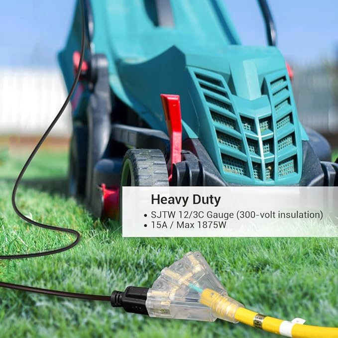 DEWENWILS 15 FT 12/3 Gauge Extension Cord Outdoor Tri-Tap Extension Cord Splitter, Heavy Duty Power Cable SJTW 15 Amp for Multiple Appliances, LED Lighted Plug, ETL Listed