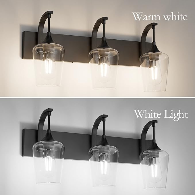 Ralbay Matte Black Vanity Light Fixtures 3-Lights Industrial Black Bathroom Vanity Light with Clear Glass Vintage Edison Bathroom Wall Lighting Fixtures