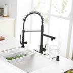 Fapully Commercial Pull Down Kitchen Sink Faucet with Sprayer Matte Black Single Handle Faucets for Kitchen Sink, Kitchen Faucet with Soap Dispenser and Deck Plack for 4 Hole