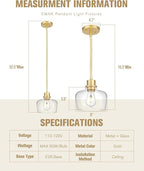 Emak 8 Inch Clear Glass Pendant Lights Kitchen Island, Modern Gold Pendant Light Fixtures for Kitchen, Bathroom, Bedroom, Dining Room, PL122-GD-CG