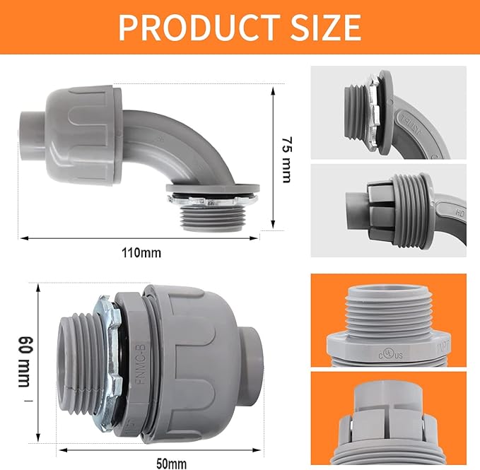 1" Liquid Tight Connector Non-Metallic Electrical Conduit Fittings, PVC Flexible Conduit Fittings, for Home Kitchen Bathroom Tube Tool Supplies UL Listed(Straight+90 Degree,6Pcs)