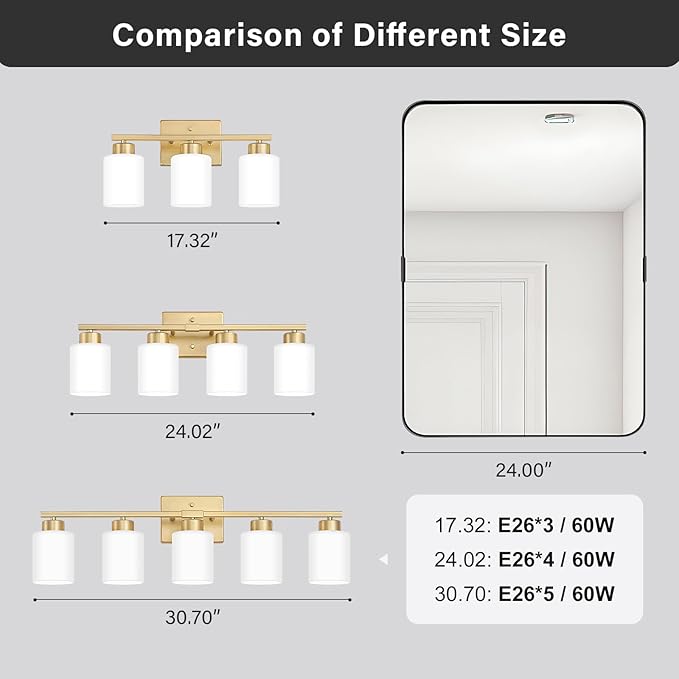 Gold Bathroom Light Fixtures, 5-Light Modern Vanity Light Over Mirror, Wall Sconces with Milky White Frosted Glass Shades, E26 Socket (Bulbs Not Included)