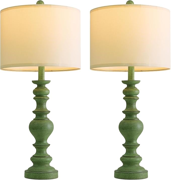 BOBOMOMO 27" Sage Green Table Lamps Set of 2, Large Farmhouse Resin Lamps with Linen Shades, Green Vintage Lamps for Living Room, Bedroom, or Entryway, Rustic Elegant Home Décor