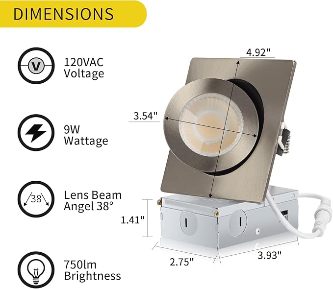 Square Brushed Nickel Recessed Lighting 4 Inch 6 Pack, Ajustable Eyeball recessed Light with Junction Box,5 Color Selectable,Airtight,9W 750LM,Dimmable,Brushed Nickel
