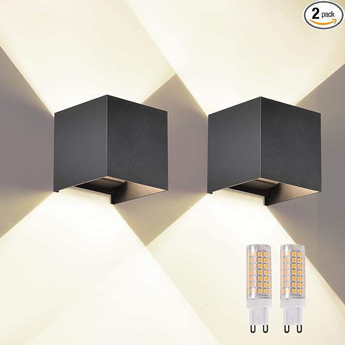 2 Pcs Outdoor Wall Lights Exterior/Interior G9 Wall Sconces Up and Down Lights IP65 Waterproof Outdoor Lighting Square Aluminum Black 4000K Natural Lights Replaceable bulb, Adjustable Light Angle