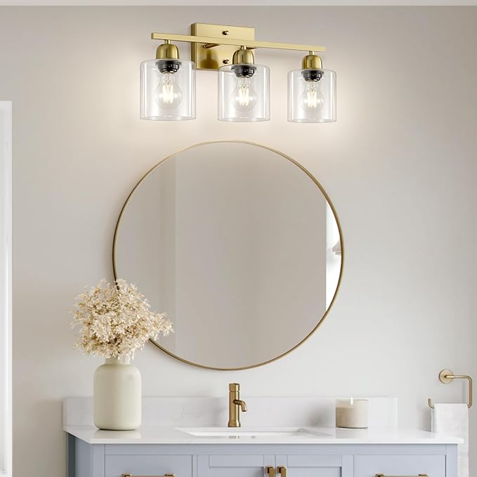 Modern Brushed Gold 3 Light Bathroom Light Fixtures, 19 inch Vanity Lights for Bathroom with Clear Glass for Mirror Kitchen Living Room Hallway Cabinet Porch
