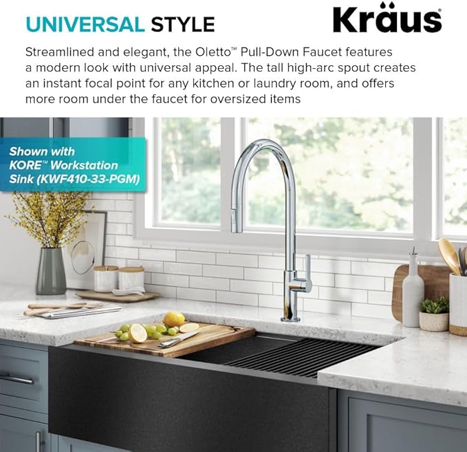 KRAUS Oletto High-Arc Single Handle Pull-Down Kitchen Faucet in Chrome, KPF-2821CH