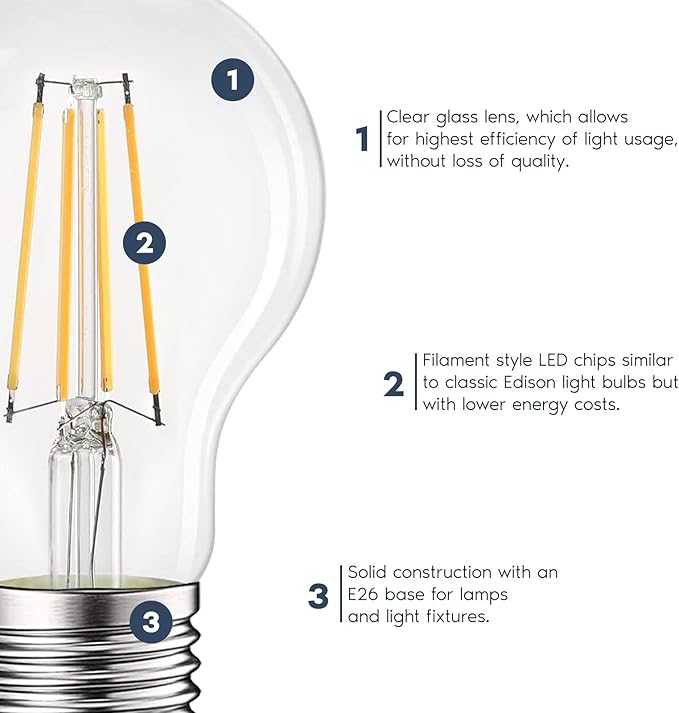 LUXRITE Vintage A19 LED Light Bulbs 60W Equivalent, 2700K Warm White Dimmable, 800 Lumens, Standard LED Edison Bulb 8W, UL Listed, E26 Base (4 Pack)