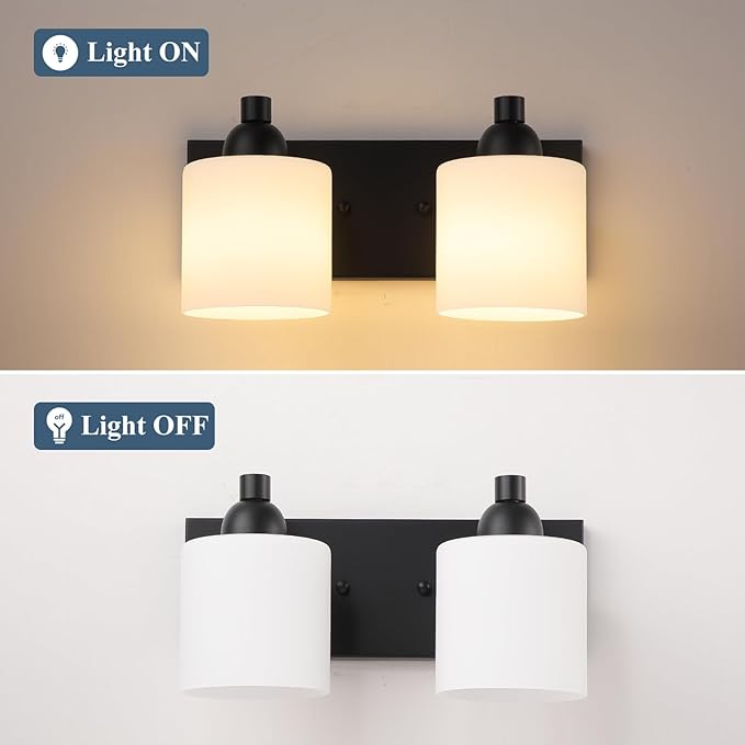 Milk Glass Vanity Lights for Bathroom, 2 Light Matte Black Bathroom Light Fixtures Over Mirror, Ceramic E26 Sockets Wall Mounted
