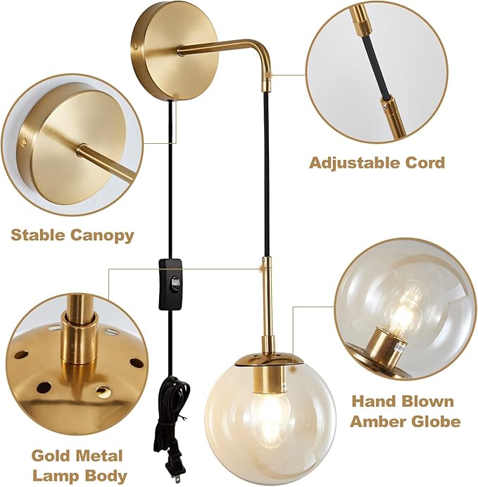 KCO Lighting Modern Plug in Wall Sconce Set of 2 Gold Glass Globe Bathroom Wall Sconce Mid Century Adjustable Wall Lamp Plug in for Corridor Bedroom Entryway (Amber & 2-Pack)