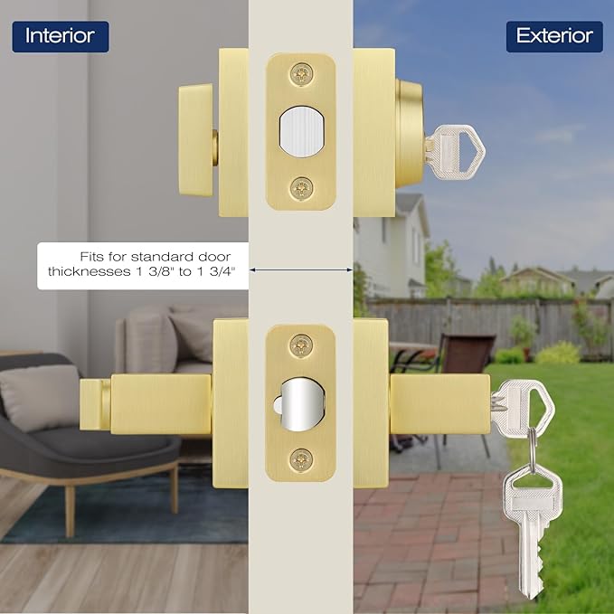 EHOMEWARE 5 Pack Satin Brass Door Handle Set with Single Cylinder Deadbolt, Entry Door Locksets with Deadbolt Modern Contemporary Square Design in Zinc Alloy Satin Brass Finish