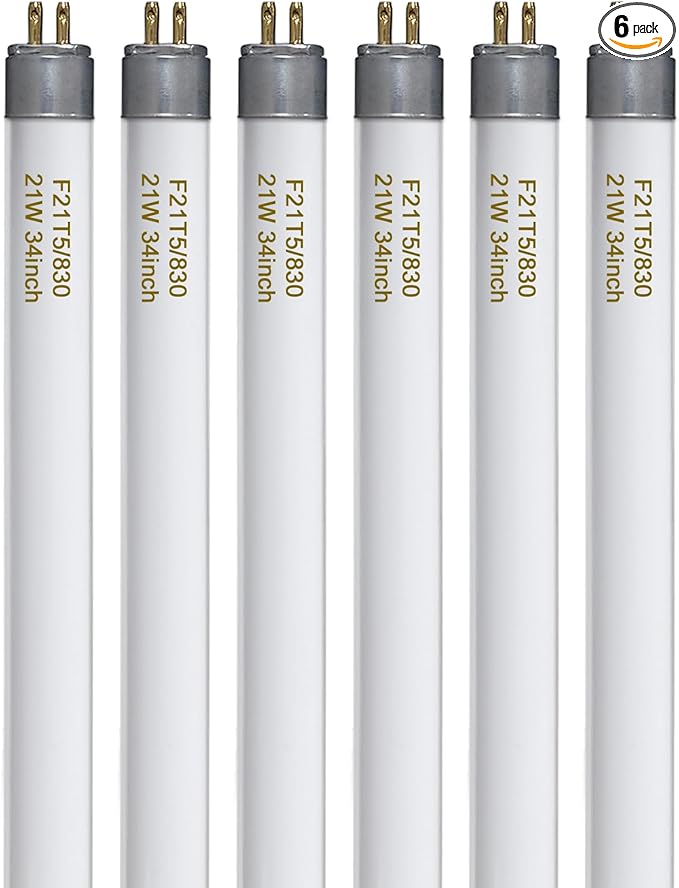 F21T5/830 21 Watt 34 Inches T5 Fluorescent Light Bulb, 3000K Warm White, 2100 Lumens, 20000 Hour Lifespan, Mini Bi-Pin Base, 6 Pack