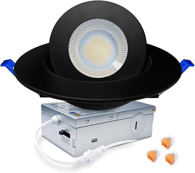 zouzai 6 inch 5CCT Gimbal Black Led Recessed Lights, 360°+90° Adjustable Directional Recessed Lighting, 2700K-5000K Dimmable Retrofit Eyeball Can Lights with Jbox, ETL&Energy Star(Black,1 Pack)