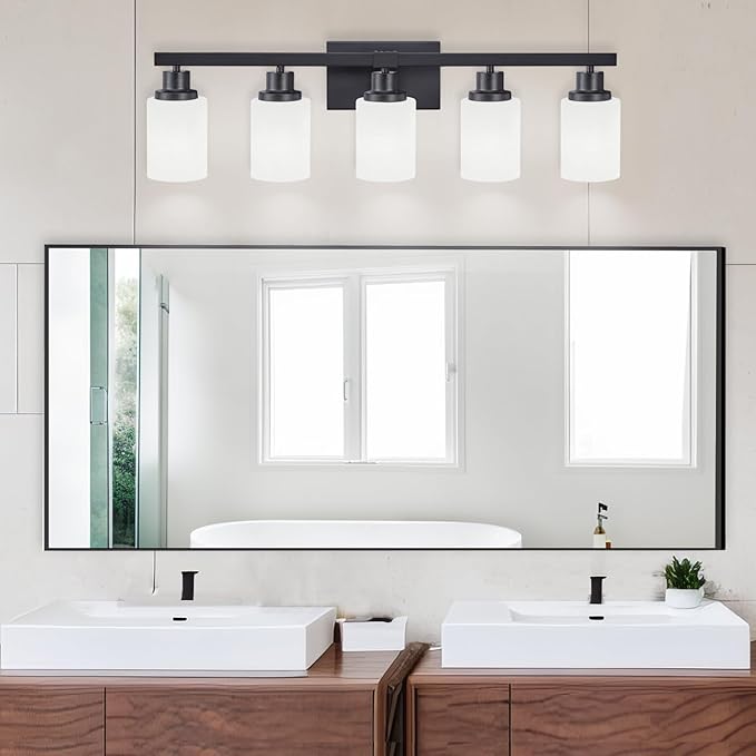 Bathroom Vanity Light, 5-Light Vanity Lighting Fixture Over Mirror for Bathroom, 30" Matte Black Wall Light Fixture, Wall Sconces with Frosted Glass Shade for Mirror Bedroom Living Room