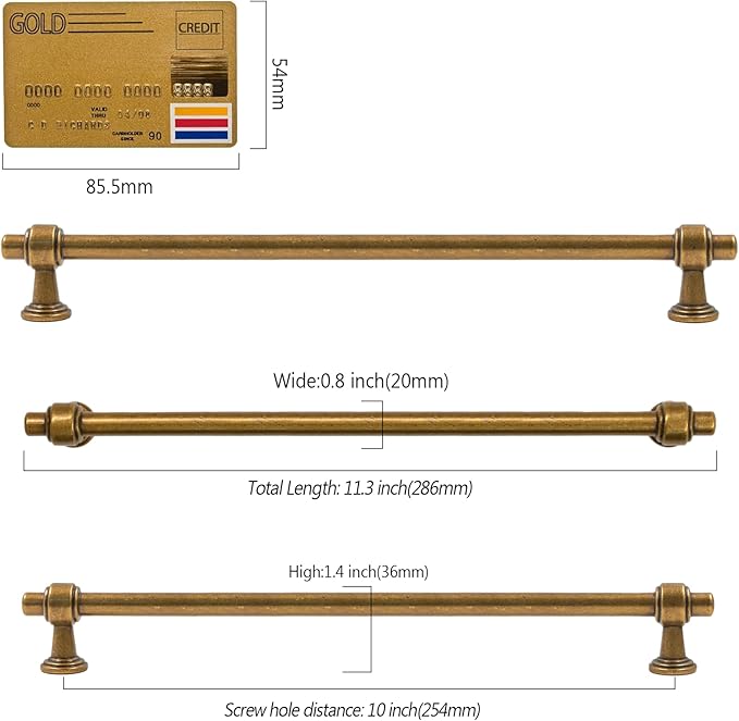 Amerdeco 10 Pack Antique Brass Cabinet Pulls 10 Inch(254mm) Hole Center Drawer Pulls Cabinet Hardware Kitchen Cabinet Handles for Bathroom ZH0069