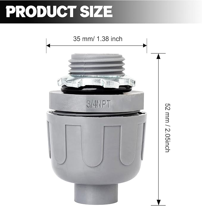 3/4 inch Liquid Tight Connector PVC Flexible Conduit Connector, Straight 180 Degree UL Listed Liquid Tight Connector, Non-Metallic Electrical Conduit Fittings (12 Pack)