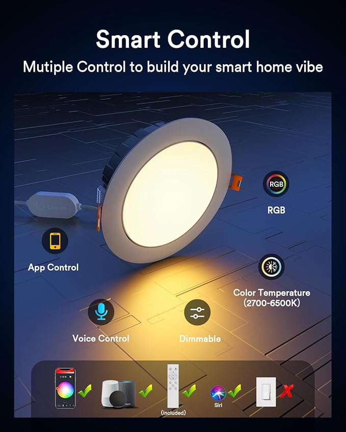 Lumary Smart Gimbal Recessed Lighting 6 Inch with Remote, 355°+20° Adjustable RGBWW WiFi Ceiling Light, Work with Alexa Google, Canless LED Downlight with J-Box, 13W 1000LM CRI90, 4 Pack