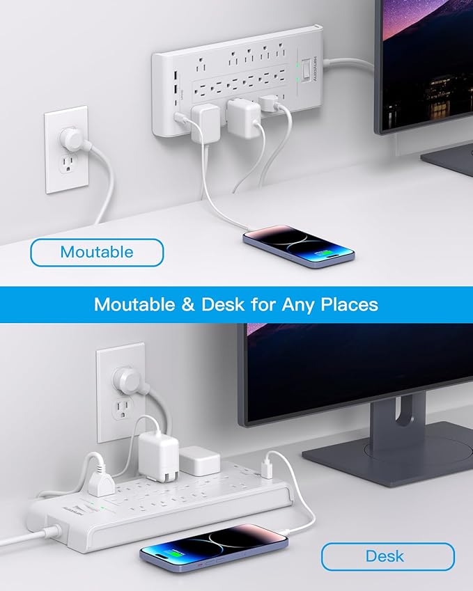 16 Outlets Surge Protector Power Strip, HANYCONY 5 Ft Flat Plug Heavy Duty Extension Cord with 16 Outlets 4 USB Ports(2 USB C), 2700 Joules, Wall Mount for Home Office, ETL Listed, White