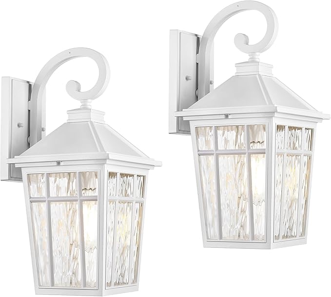 Darkaway 2pcs Large Outdoor Wall Lights for House, 18inch Exterior Lighting Fixtures Wall Mount White Outside Wall Sconce with Water Ripple Glass for Porch Patio Front Door