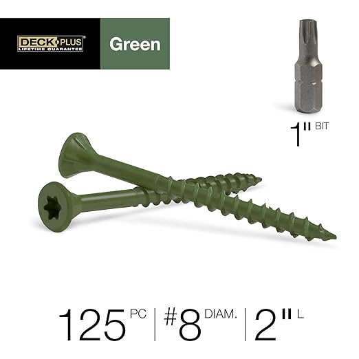 Deck Plus 2 Inch Epoxy Coated Exterior Wood and Fence Screws #8 x 2 Torx/Star Drive Included Coarse Thread, Outdoor Rust Resistant Decking Screw, Green, 1lb Box, 125 Pieces | 48399