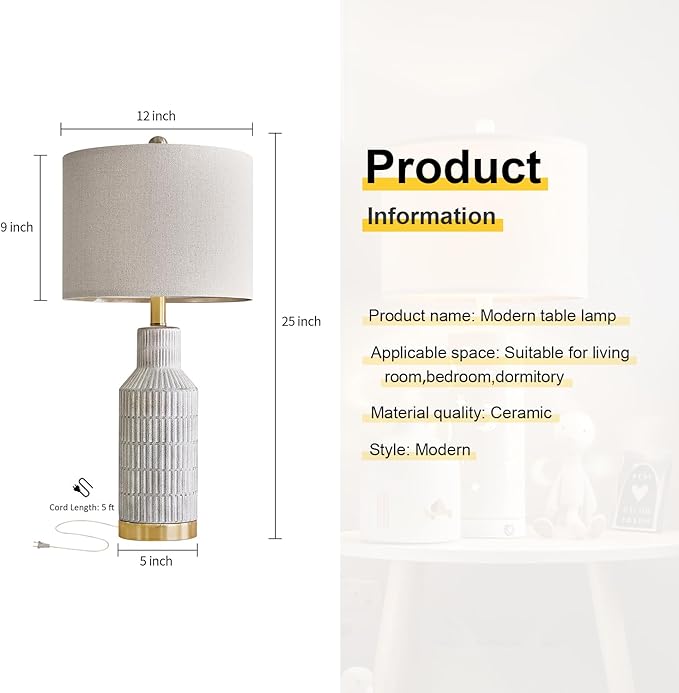25" Modern Ceramic Lamps Single Table Lamp for Living Room Bedroom Farmhouse Nightstand Bedside Lamps