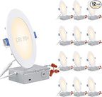 TORCHSTAR Basic Series 12-Pack 6 Inch Ultra-Thin LED Recessed Lighting with Junction Box, CRI90, Aluminum, 3000K Warm White, 5%-100% Dimmable Slim Recessed Downlight, 12W 1100LM, ETL and Energy Star