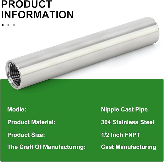 TAISHER 2PCS Stainless Steel Pipe Fittings, 1/2" NPT x 1/2" NPT Female Threaded, 6" Length Nipple Cast Pipe