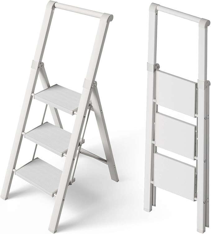Taranta 3 Step Ladder, Portable Folding Ladder with Wide Pedal, Lightweight Aluminum Step Stool with Convenient Handgrip, 330 lbs Capacity Stepladder for Home, Office - White