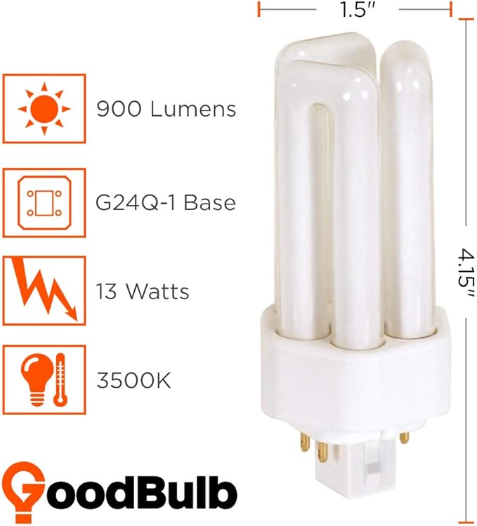 GoodBulb 13 Watt CFL Light Bulbs | 4 Pin GX24Q-1 Base 3500K Neutral White | 13W High Output 810 Lumens | Triple Tube Compact Fluorescent Light Bulbs Plug-in | 10 Pack