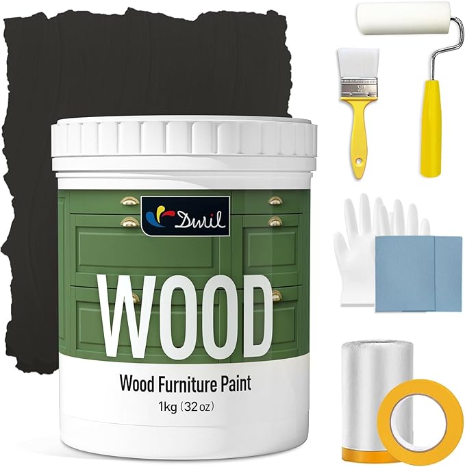 DWIL Matte Finish Furniture Paint - 32 Oz Wood Paint for Cabinets, Doors, Tables, and Dressers Refinishing - Water-Based, Non-Toxic & Odorless, Easy to Apply(Black)-With Tools