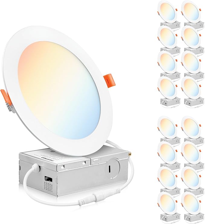 PARMIDA (16 Pack) 6 Inch Dimmable 5CCT Ultra-Thin LED Recessed Ceiling Light with Junction Box, 5 Color Selectable 2700K/3000K/3500K/4000K/5000K, 12W, Canless Wafer Slim Panel Downlight, IC Rated, ETL