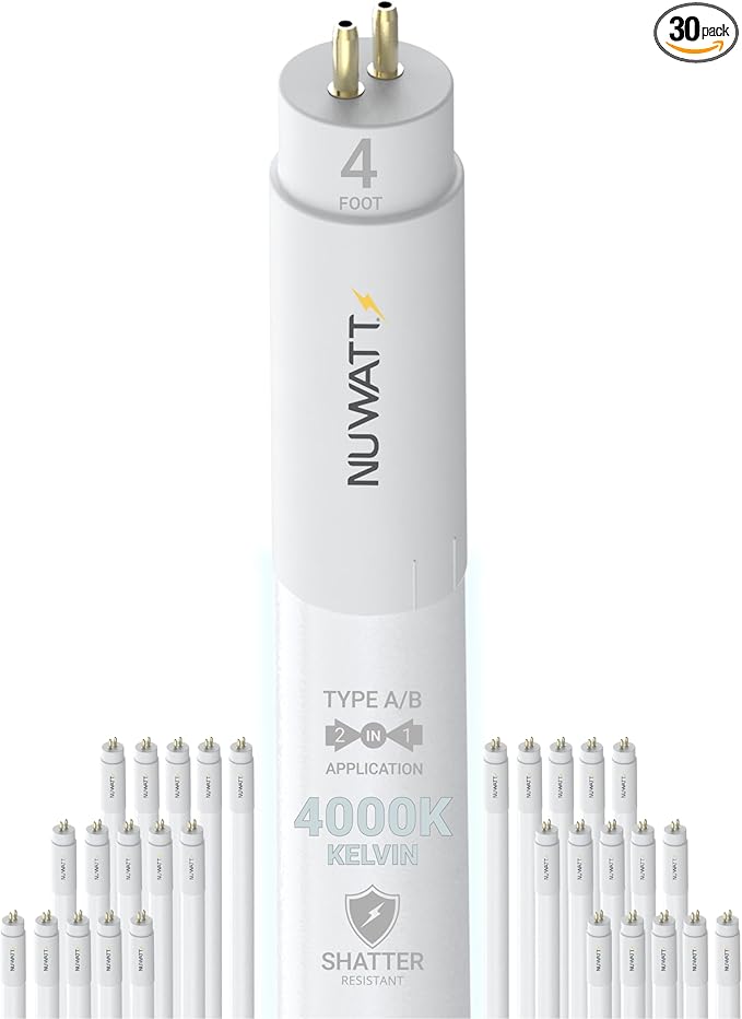 NUWATT 30 Pack, 4FT T5 LED Tube Lights, Type A&B, Hybrid T5 Bulbs 4000K Cool White, High Output 3200LM, 24W, Plug & Play or Ballast Bypass, Dual-Ended Power, Fluorescent Tube Replacement, UL, G5 Base