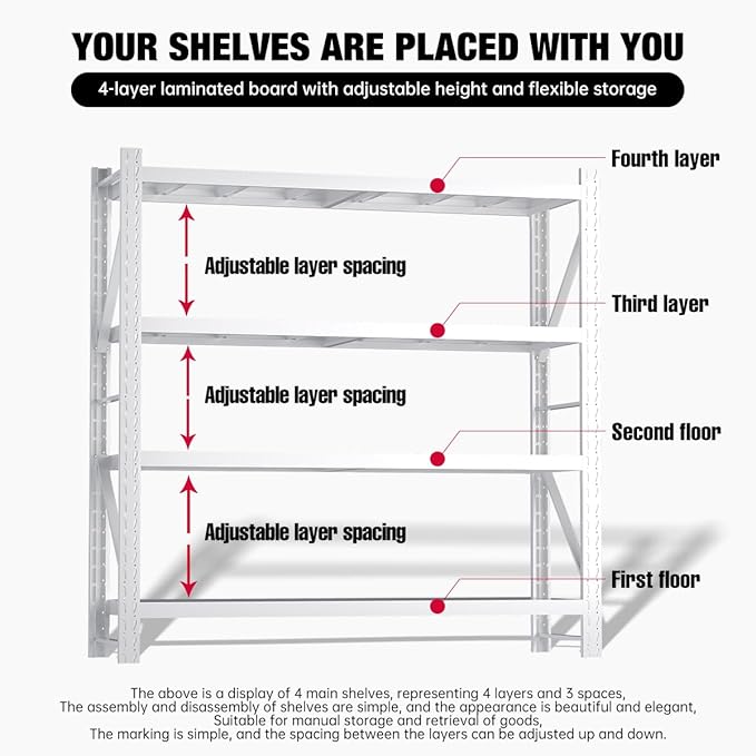 Storage Shelves Heavy Duty, Metal Garage Shelving Units, 4 Tier Storage Rack Shelf, Steel Industrial Shelving, Adjustable Standing Shelf for Basement/Warehouse (White, W59.06*D19.69*H78.74)