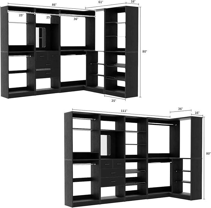 Unikito 110” Closet System with Drawers, Corner Closet Organizer with 4 Hanging Rods and Mirror Design, 9.3FT Reversible Large Wood L Shaped Walk in Closets Wardrobe with Shoe Shelves, Set of 4, Black