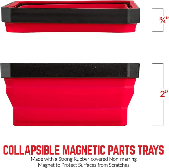 Collapsible Magnetic Parts Tray Set - (Pack of 3) Tool Trays for Screw, Bolts, Nuts, Washers, Pins and Other Small Metal Parts - 4.25 Inch Square - Red, Blue, and Green