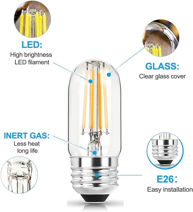 3.2 Inch 2700K Soft White E26 LED Bulb 60 Watt Equal, AC 120V 600LM Edison Bulbs Dimmable, 6W T10 T30 Tubular Filament Light Bulbs Clear Glass for Fan Pendant Wall Light, UL Listed-6 Pack