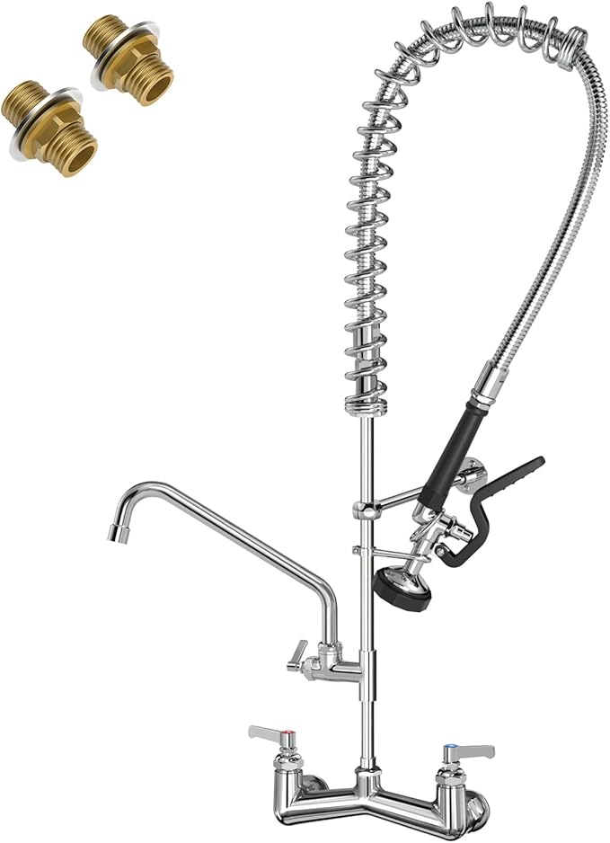 Commercial Sink Faucet with Sprayer 36"Height 8"Center Brass Constructed Wall Mount Commercial Kitchen Faucet with Pull Down Pre-Rinse Sprayer and 12" Swing Spout for 2/3 Compartment Sink(36")